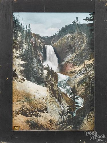 Hand-tinted glass photographic plate of Yellowstone Falls, possibly by Haynes, 9 1/2'' x 6 1/2''.