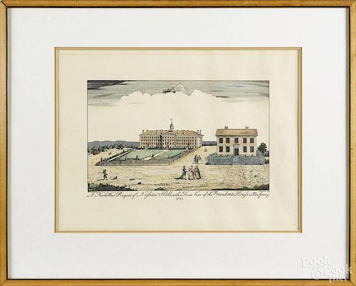 Color engraving, after W. Tennant, titled A Northwest Prospect of Nassau Hall, NJ, 11'' x 15''.