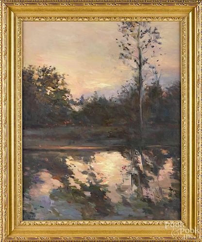 Anna Bayon (American 20th c.), oil on canvas, titled Sunset on the Canal, signed lower left