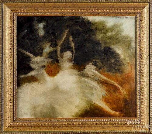 Sandra Flood, 20th/21st c., oil on canvas, titled Frenzied Ballet, signed and titled verso