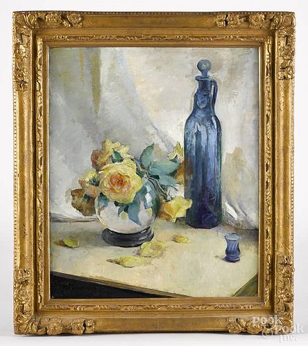 May Bartlett Fairchild (American 1872-1959), oil on canvas still life, titled The Mexican Bottle,