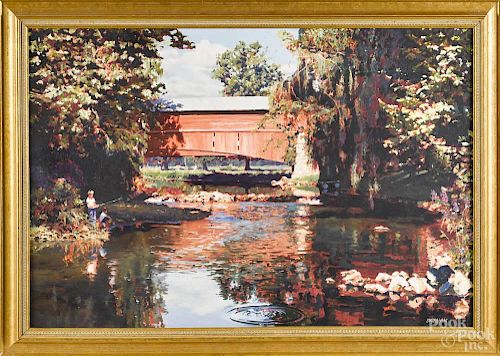 Contemporary American oil on canvas landscape with a covered bridge, signed Ingraham, 22'' x 33''.