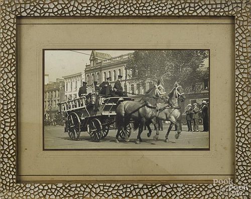 Early photograph of a horse drawn fire ladder wagon, 6'' x 10''.