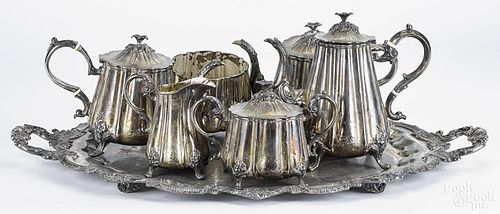 Seven-piece silver plated tea service, tray - 20'' l., 30'' w.