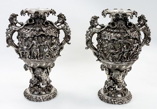 A PAIR OF MONUMENTAL FRENCH MIDCENTURY STERLING SILVER VASES