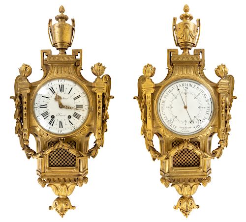 A FRENCH ORMOLU BRONZE WALL CLOCK AND BAROMETER, LATE 19TH CENTURY