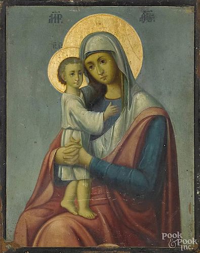 Russian oil on panel icon of the Mother and Child, late 19th c., 8 3/4'' x 6 3/4''.