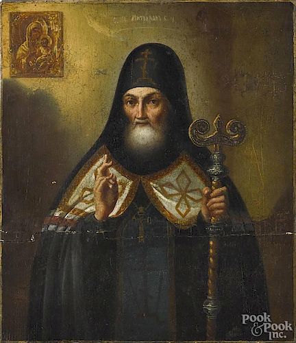 Russian oil on panel icon of a bishop, 19th c., 12 1/4'' x 10 1/2''.