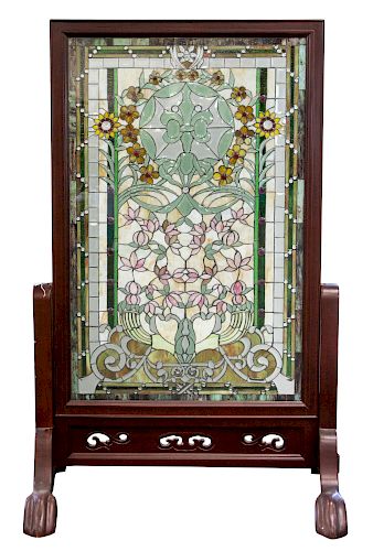 A CONTEMPORARY STAINED GLASS FIRE SCREEN WITH WOODEN FRAME