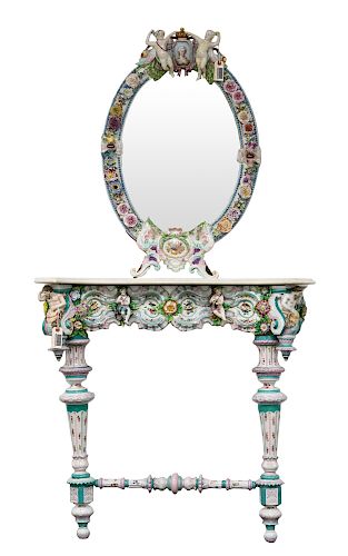 A SOFT PASTE PORCELAIN-MOUNTED WOOD VANITY CONSOLE WITH FRAMED MIRROR, LATE 19TH CENTURY