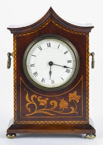 Marquetry inlaid mahogany shelf clock, ca. 1900, 9 1/4'' h.