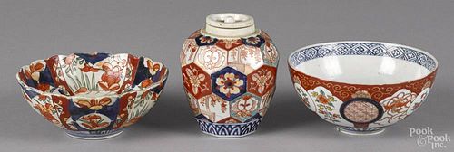 Two Imari porcelain bowls, together with a tea caddy, 4 1/2'' h.