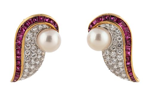 A PAIR OF MODERN YELLOW GOLD, RUBY, DIAMOND AND PEARL INVISIBLE SETTING EARRINGS