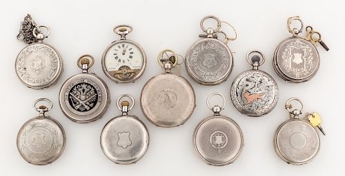 A GROUP OF 11 SILVER HUNTING POCKET WATCHES FOR SWISS IMPORT, VARIOUS MAKERS, INCLUDING CHOPARD AND PAVEL BUHRE, CIRCA 1900