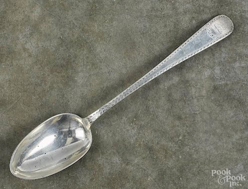 Bright cut silver stuffing spoon, retailed by J. E. Caldwell & Co., 12'' l., 4.6 ozt.