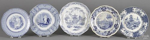 Five Staffordshire blue and white plates, 19th c., with chinoiserie and European landscape decoration