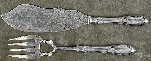 New York sterling silver serving fork and slice, by Gale &Willis, mid 19th c., with weighted handles
