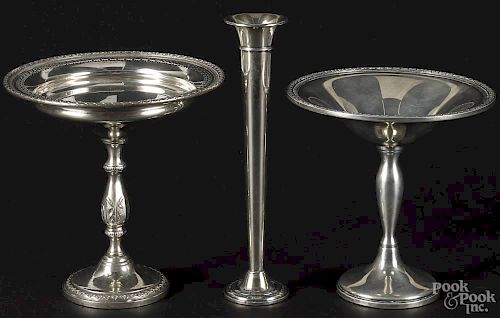 Two weighted sterling silver compotes, 5 3/4'' h. and 6 1/4'' h., together with a vase, 8'' h.