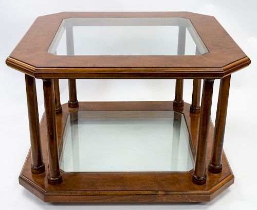 A CONTEMPORARY WOODEN COFFEE TABLE WITH GLASS TOP