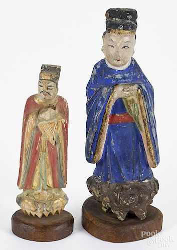 Two Chinese carved and painted wood figures, late 19th c., 5'' h. and 6 1/2'' h.