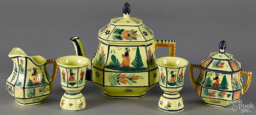 HB Henriot of Quimper, France, assorted tablewares, 20th c., to include a teapot, a covered sugar