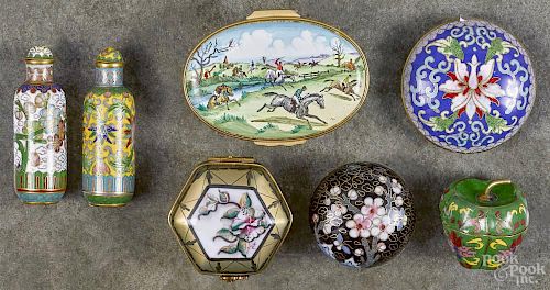Two Chinese cloisonné snuff bottles, together with three small boxes, a Limoges patch box