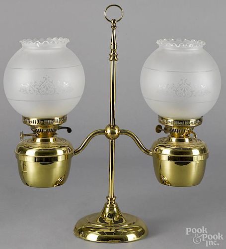 English brass student lamp, by John Scott, with etched glass shades, 21 1/2'' h.