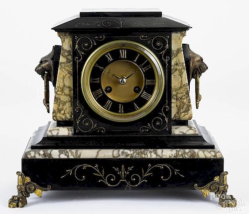 Victorian marble and slate mantel clock, 11'' h.
