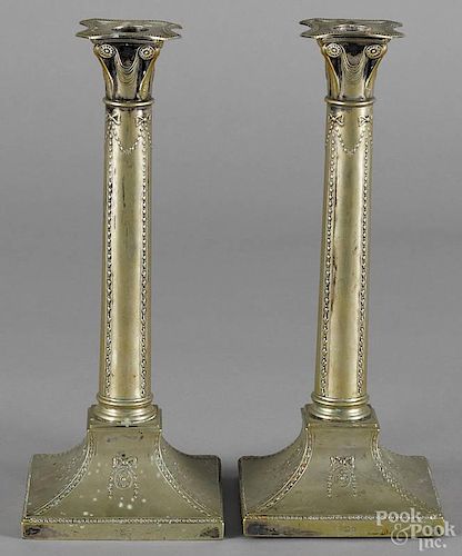 Pair of English silver plated candlesticks, late 19th c., with maker's mark TB&S, 12 1/4'' h.