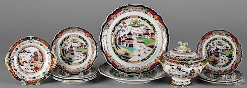 Chinoiserie decorated ironstone, to include a covered compote, 6 1/4'' h., two dinner plates