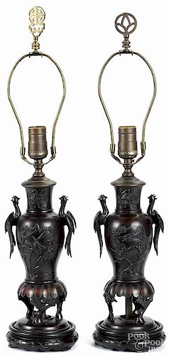 Pair of Japanese bronze table lamps, mid 20th c., bronze - 9 1/2'' h.