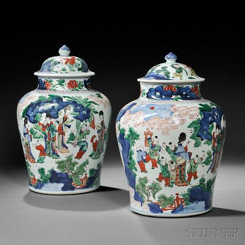 Pair of Wucai Covered Jars