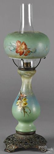 Victorian Gone with the Wind lamp with a floral decorated shade, 23'' h.
