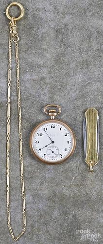 Elgin gold-filled pocket watch, together with a chain and pocket knife.