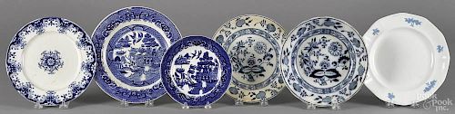 Two blue willow plates, together with a blue onion plate and soup bowl, a rouen pattern plate