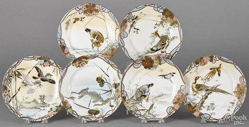 Six Japanese porcelain plates, ca. 1900, with exotic bird and fish decoration, 8 1/2'' dia.