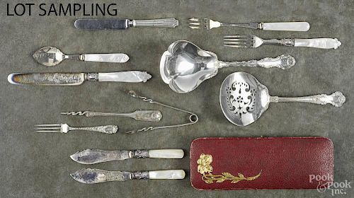 English mother of pearl handled fish service, together with six pieces of sterling silver flatware.