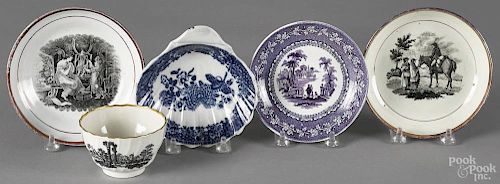 Two lustre saucers, 19th c., together with a pearlware shell-form dish, a transfer saucer