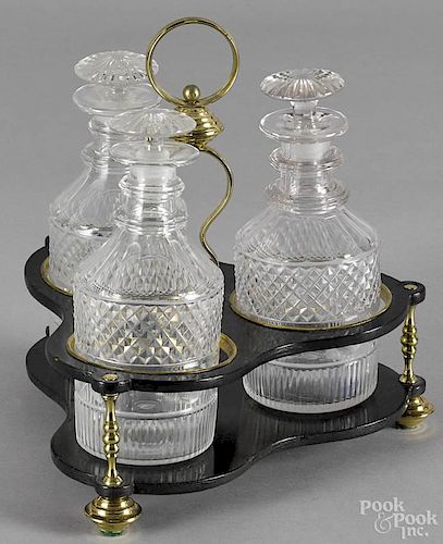 English brass and lacquer decanter set, late 19th c., 10'' h.
