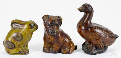 Three chalk figures of a rabbit, a duck, and a dog, 20th c., tallest - 5 1/2''.
