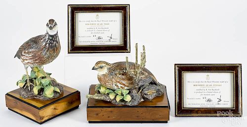Pair of Royal Worcester porcelain bob white quail figures, numbered 15/500, 6 3/4'' h. and 9'' h.