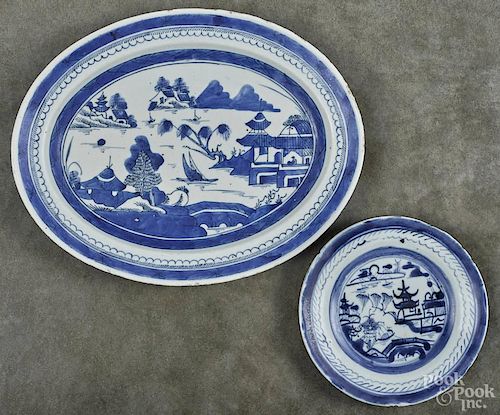 Chinese export porcelain canton platter, 10 1/2'' l., 13 1/2'' w., and plate, 7 1/4'' dia.