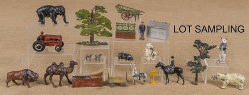 Large group of spelter train accessories, to incl