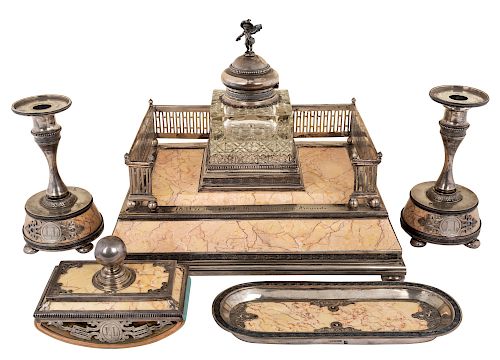 A RUSSIAN SILVER-MOUNTED MARBLE AND CUT CRYSTAL SIX-PIECE PRESENTATION DESK SET, WORKMASTER MIKHAIL OVCHINNIKOV, ST. PETERSBURG, 1896