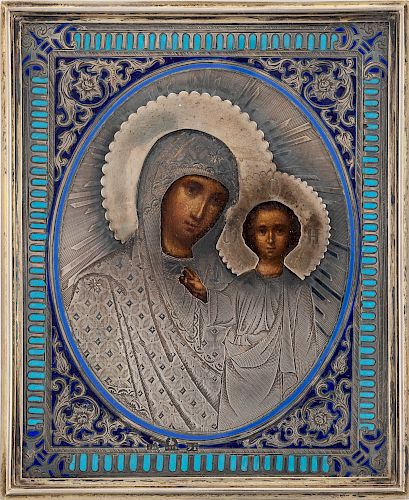A RUSSIAN ICON OF THE KAZANSKAYA MOTHER OF GOD WITH SILVER AND CHAMPLEVE ENAMEL OKLAD, MOSCOW, 1861