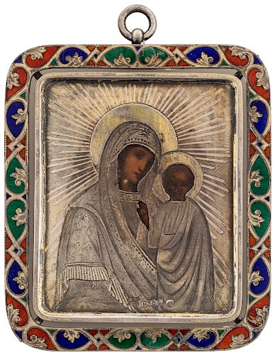 A RUSSIAN MINIATURE ICON OF THE KAZANSKAYA MOTHER OF GOD WITH SILVER AND ENAMEL OKLAD, WORKMASTERS IGNATIY SAZIKOV, CARL SIEWERS, ST. PETERSBURG, 1867