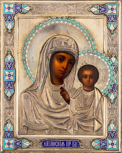 A RUSSIAN ICON OF THE KAZANSKAYA MOTHER OF GOD WITH SILVER, CHAMPLEVE AND CLOISONNE ENAMEL OKLAD, MOSCOW, 1893