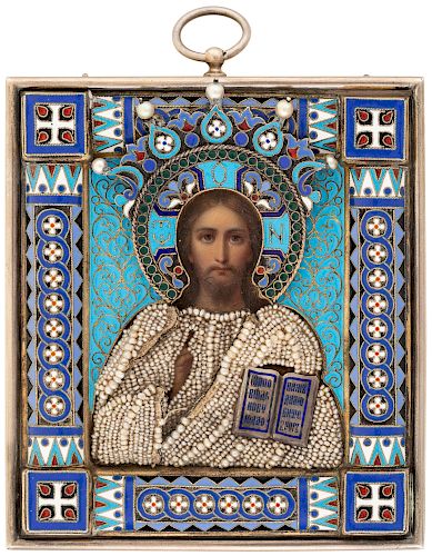 A RUSSIAN TRAVELING ICON OF CHRIST PANTOCRATOR WITH SILVER, SEED PEARL, CLOISONNE AND CHAMPLEVE OKLAD, WORKMASTER PAVEL OVCHINNIKOV, MOSCOW, 1899-1908