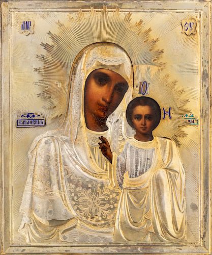 A RUSSIAN ICON OF THE KAZANSKAYA MOTHER OF GOD WITH GILT SILVER AND CHAMPLEVE ENAMEL OKLAD, MOSCOW, 1908-1917 