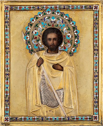 A RUSSIAN ICON OF ST. JOHN THE WARRIOR WITH GILT SILVER AND CLOISONNE ENAMEL OKLAD, 1896-1908